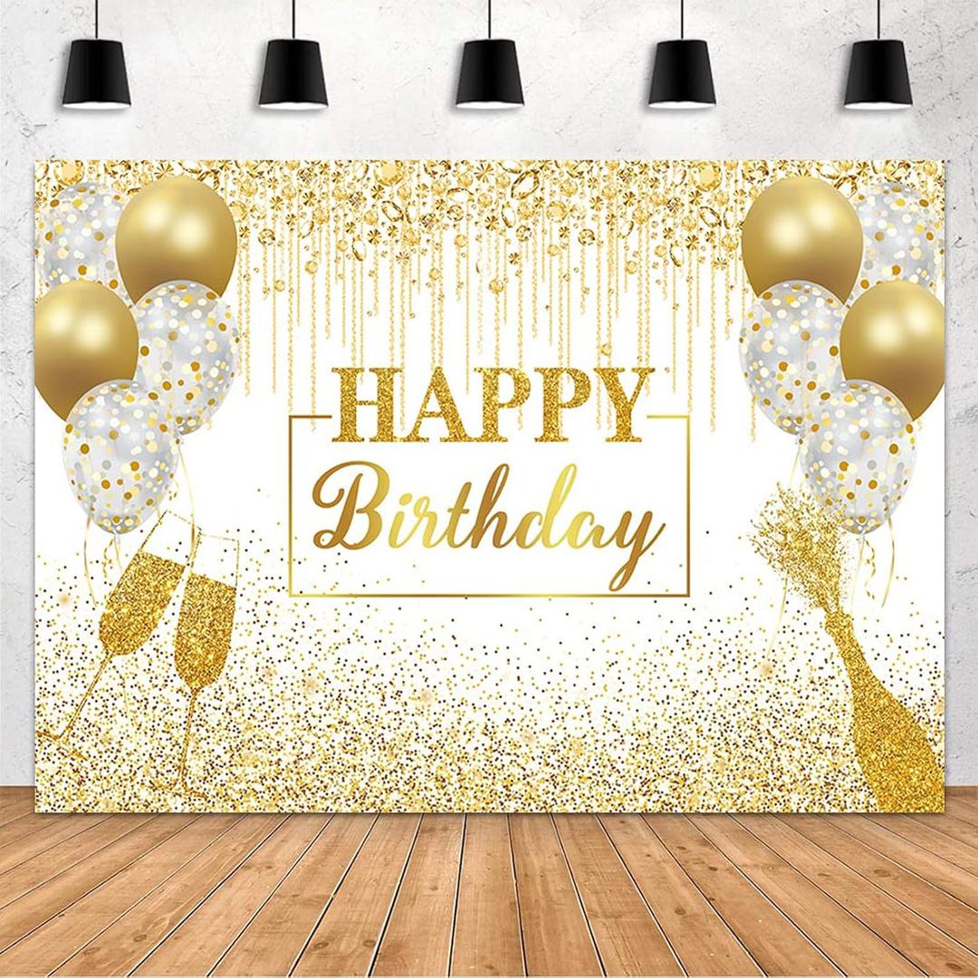 MEHOFOND Happy Birthday Backdrop White and Gold Glitter Diamond Balloon Photography Background White Gold Shinning Sparkle Birthday Party Decorations Banner Cake Table Supplies Photo Props 7x5ft