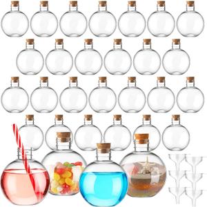 Jinei 30 Pcs 6 oz 200ml Ball Shape Plastic Sand Art Bottles Spherical Clear Plastic Potion Bottles Christmas Cocktail Ornament Balls for DIY Wedding Party Gift Crafts Decoration(Wood Color,Cork)
