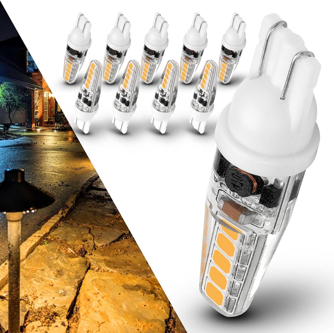 Heifymi T5 T10 Wedge Base Landscape Light Bulbs 3 Watt Replace 25W 30W Halogen 2700K Warm White 300lm 12V-24VAC/DC 921 194 LED Bulb for Landscape RV Camper Marine Boat Garden Pathway Lighting, 10 Pack