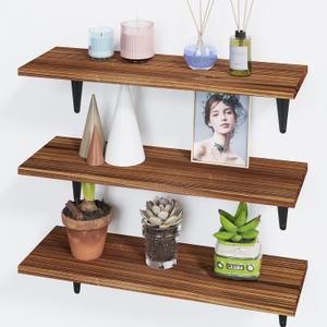 BAMEOS Floating Shelves, Rustic Wood Wall Storage Shelves, Wall Mounted Shelf Organizer Set of 3 for Living Room, Bedroom, Kitchen, Bathroom, Office (Carbonized Brown)