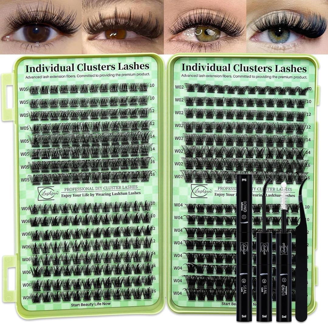 Lash Clusters Kit Wispy Eyelash DIY Lash Extension Kit 384pcs Cluster Eyelash Extensions Kit with Lash Bond and Seal,Lash Tweezers(W02+W04+W05+W06,10-16mm Lash Kit)