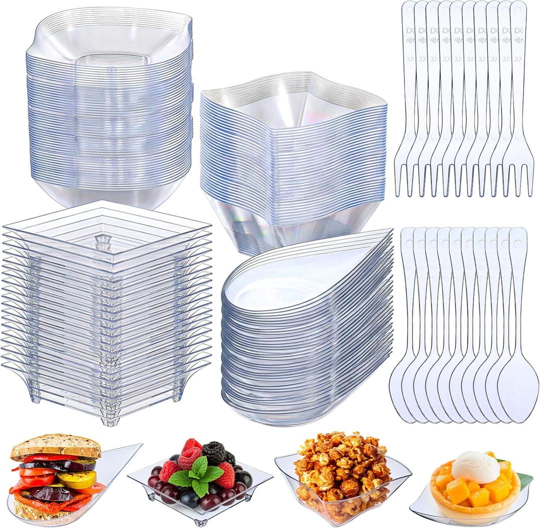 200 Pcs Mini Appetizer Plates Disposable Mini Dessert Plates Cups Spoons Forks Set Dessert Small Containers Assorted Shape for Wedding Birthday Plastic Shrimp Cocktail Cups Party Spa