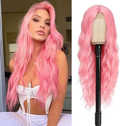 BUPPLER Cosplay Long Pink Wig 28 Inch Middle Part Synthetic Wig Realistic Gifts Party Wigs for Women Daily Use Colorful Wigs (Pink)