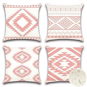 OTOSTAR Outdoor Waterproof Throw Pillow Covers 16x16 Inch Set of 4 Boho Farmhouse Outdoor Cushion Covers for Patio Funiture Garden（Geometry80Pink）