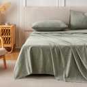 Linen Sheets Queen Size, Stonewashed Linen Cotton Blend Sheets with Slub Texture, Breathable & Soft Cotton Bedsheets, All-Season Comfort, 4 Pieces, Green