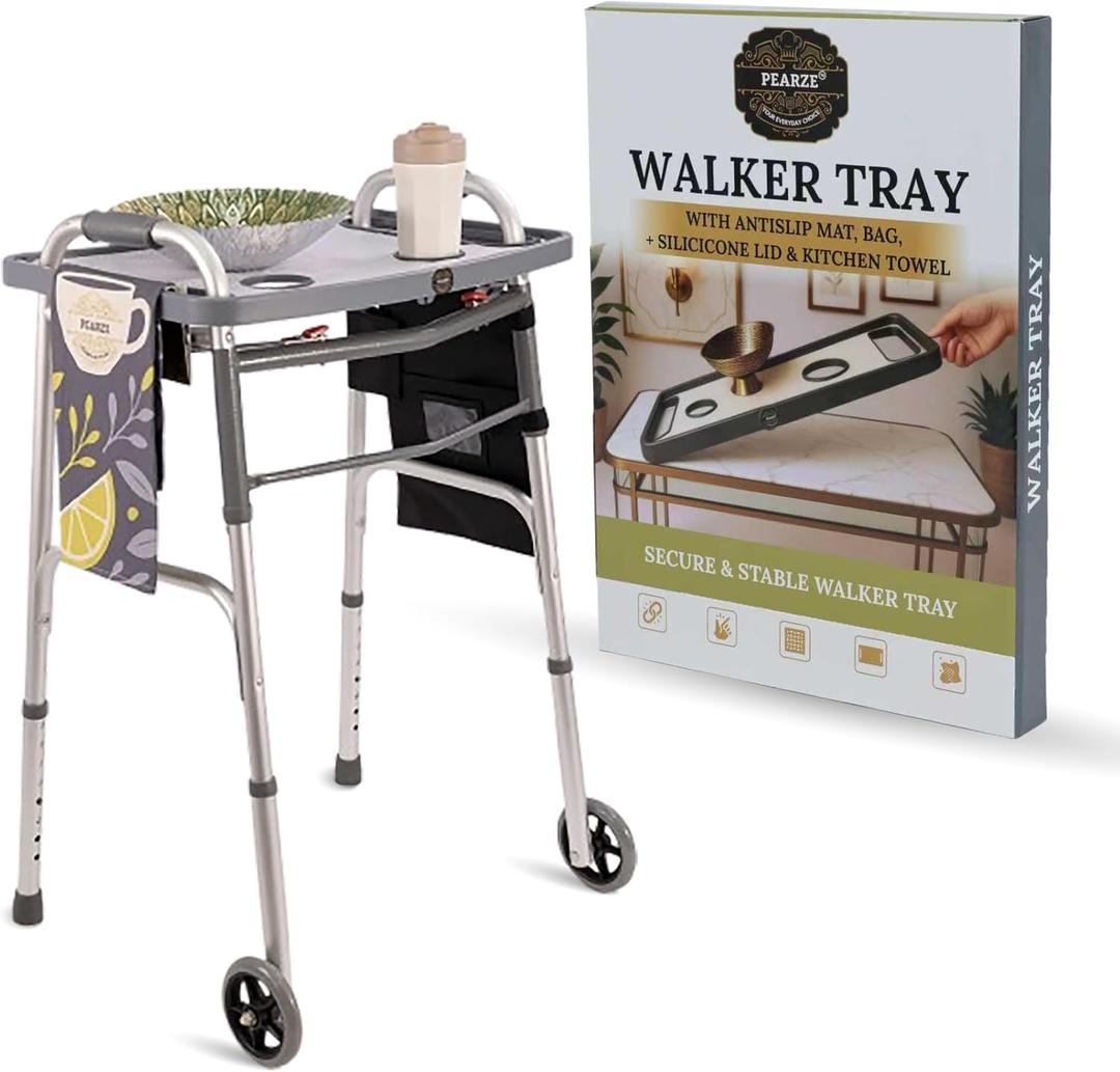 Walker Tray for Folding Walker with Cup Holders, Non-Slip Mat & Bag - Adjustable Universal Plastic Food Table for Seniors - Detachable Guardian Accessories - Removable Walker Trays for Rolling Walker