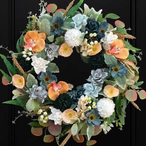 Bibelot 22 Inch Spring/Summer Floral Wreaths for Front Door,Artificial Valentines Day Wreath with Roses Dahlias Gardenias phalaenopsis for Home Wall Window Wedding Party Festival Decor