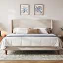 Merax Solid Wood King Size Velvet Bed Frame with Wingback Headboard, Modern Upholstered Platform with Walnut Wooden Legs, Strong Wooden Slats, No Box Spring Needed, Beige