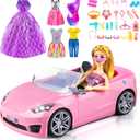 76 Pcs Doll & Convertible Car Playset,Included 11.5 In Doll,Doll Car,Princess Dresses,Fashion Dresses,Casual Clothing,Swimsuits,Bags,Shoes,Doll Playset,Doll Dress up Toys for Girls Kids Toddlers Gifts