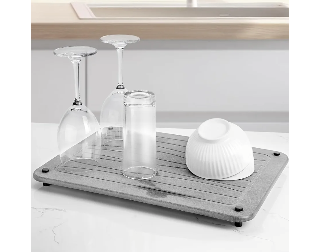 Stone Dish Drying Mats for Kitchen Counter 15.7"x 11.8" Quick Dry Stone Drying Mat Super Absorbent Diatomaceous Earth Drying Mat with 4 Non-Slip Stainless Steel Feet for Dishes&Cups Light Grey