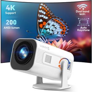 Mini Smart Projector LUXVYN V1 Portable Projector with WiFi and Bluetooth 200 ANSI 4K Support HD Resolution, Auto Keystone Correction Video Projector, 180 Rotatable Stand for Home Movie Pure white