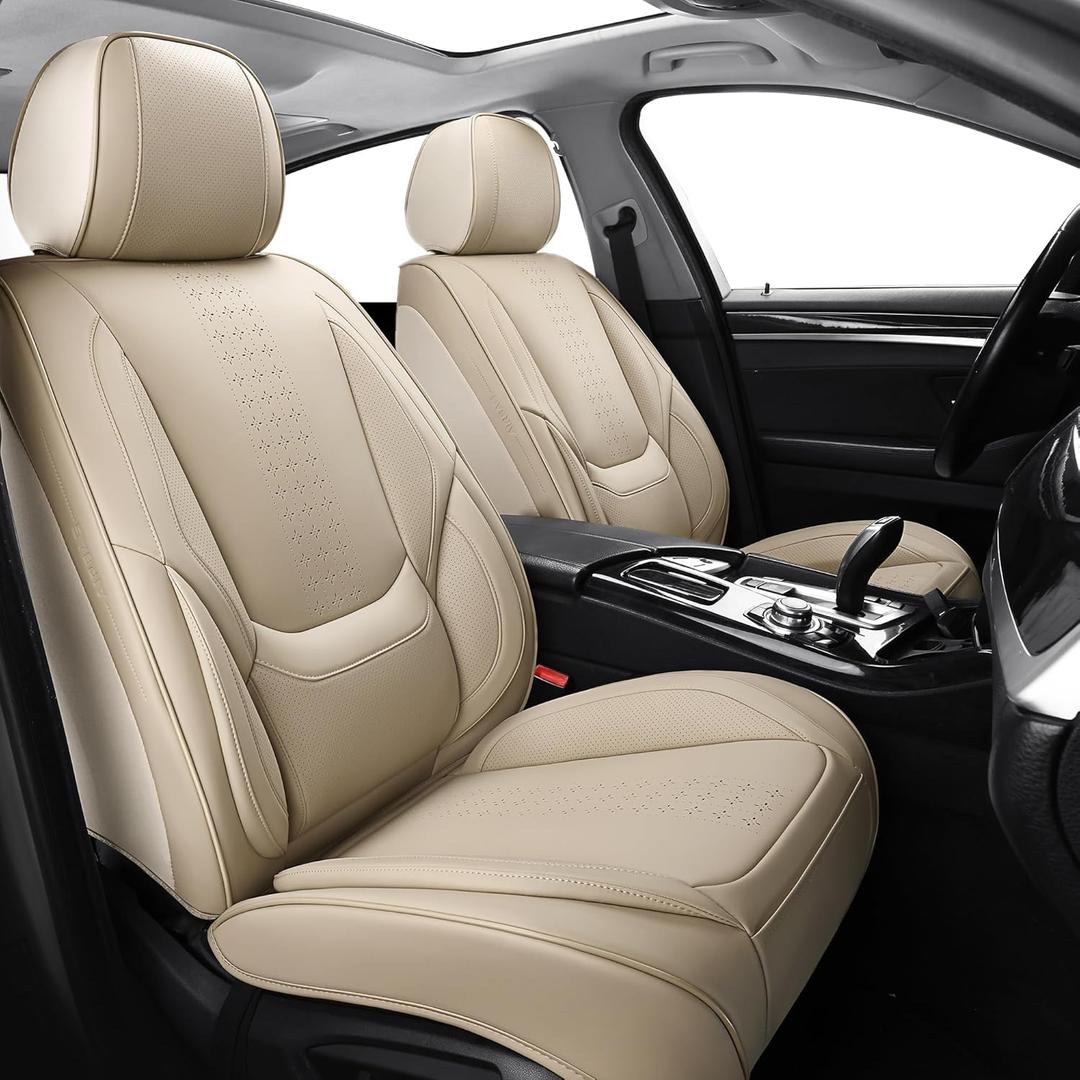 Chezope Car Seat Covers Full Set, Beige Leather Seat Covers, Breathable Front and Back Car Seat Protectors, Wear-Resistant Seat Covers Universal Fit for Most Cars SUV Truck (Beige-Solid, Full Set)