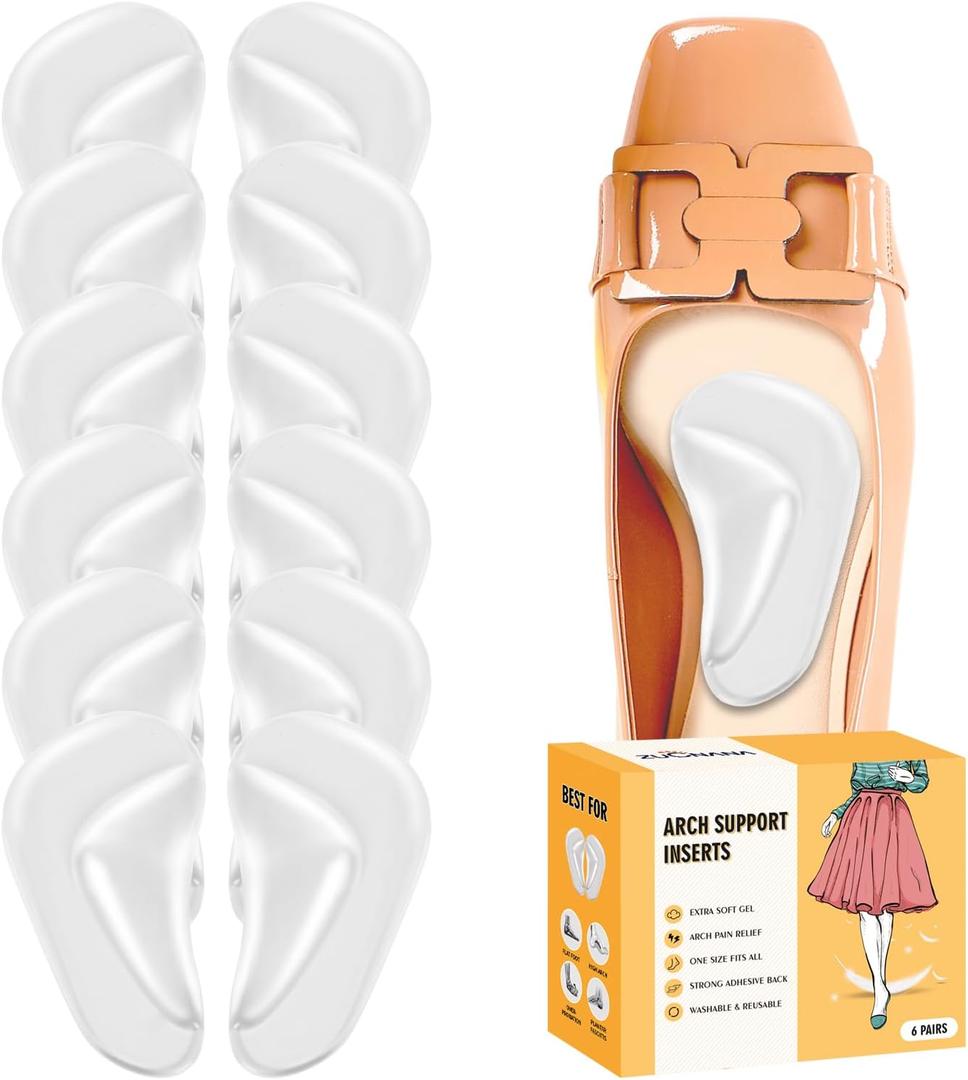 Arch Support Inserts for Women Flat Feet (6 Pairs), Soft Gel Arch Support Insoles for Plantar Fasciitis, Reusable Arch Pads for Foot Pain Relief, One Size Fits Any (Clear)