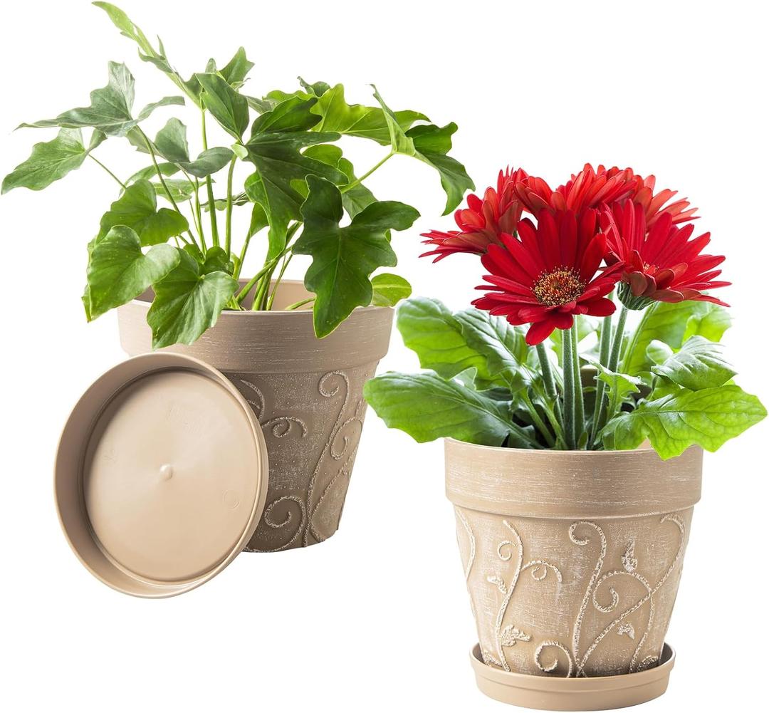 Melphoe Plant Pots Indoor with Drainage & Saucer, 2Pack 8 inch Flower Pots Outdoor Planters for Indoor Plants Garden Home Decor Cactus Succulent, Rigid Plastic (Imitation-Terracotta) Vine-Embossed (Undecorated Pottery Color)