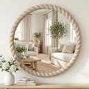 24"x24" Round Solid Wood Farmhouse Decorative Wall Mirror | Timeless Circle Wall Mirror with Natural Color Braided Wood Frame, Perfect for Bathroom, Vanity, Entryways, Living Rooms