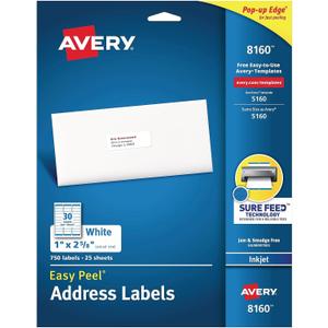 Avery Easy Peel Address Labels, Inkjet Printers, White, 1" x 2-5/8", Box of 750 Labels (08160) (One Size)