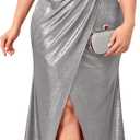 CYCLAMEN Plus Size Formal Maxi Dress Sparkly Evening Gown Ruched Puff Sleeves V-Neck High Slit Prom Wedding Guest Gala (XXL, Silver)