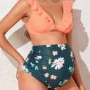 Summer Mae Maternity High Waist Swimsuit Two Piece Ruffle Bikini Bathing Suit Floral V-Neck Pregnancy Swimwear, Small
