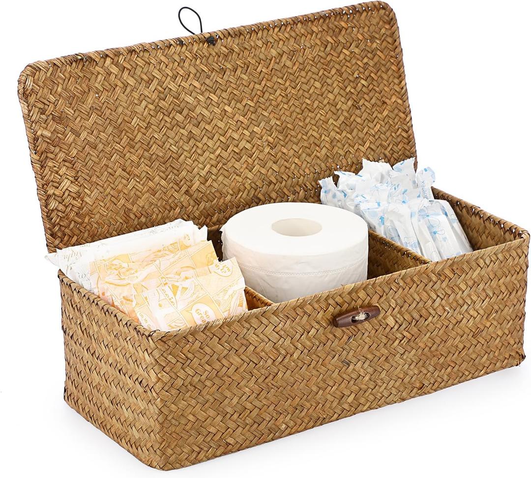 Sumnacon Small Woven Basket for Shelf, Wicker Shelves Storage Baskets with Sections Seagrass Storage Bin with Lid for Tampon Toiletry Rectangular Storage Basket for Bathroom Table Desk Caramel