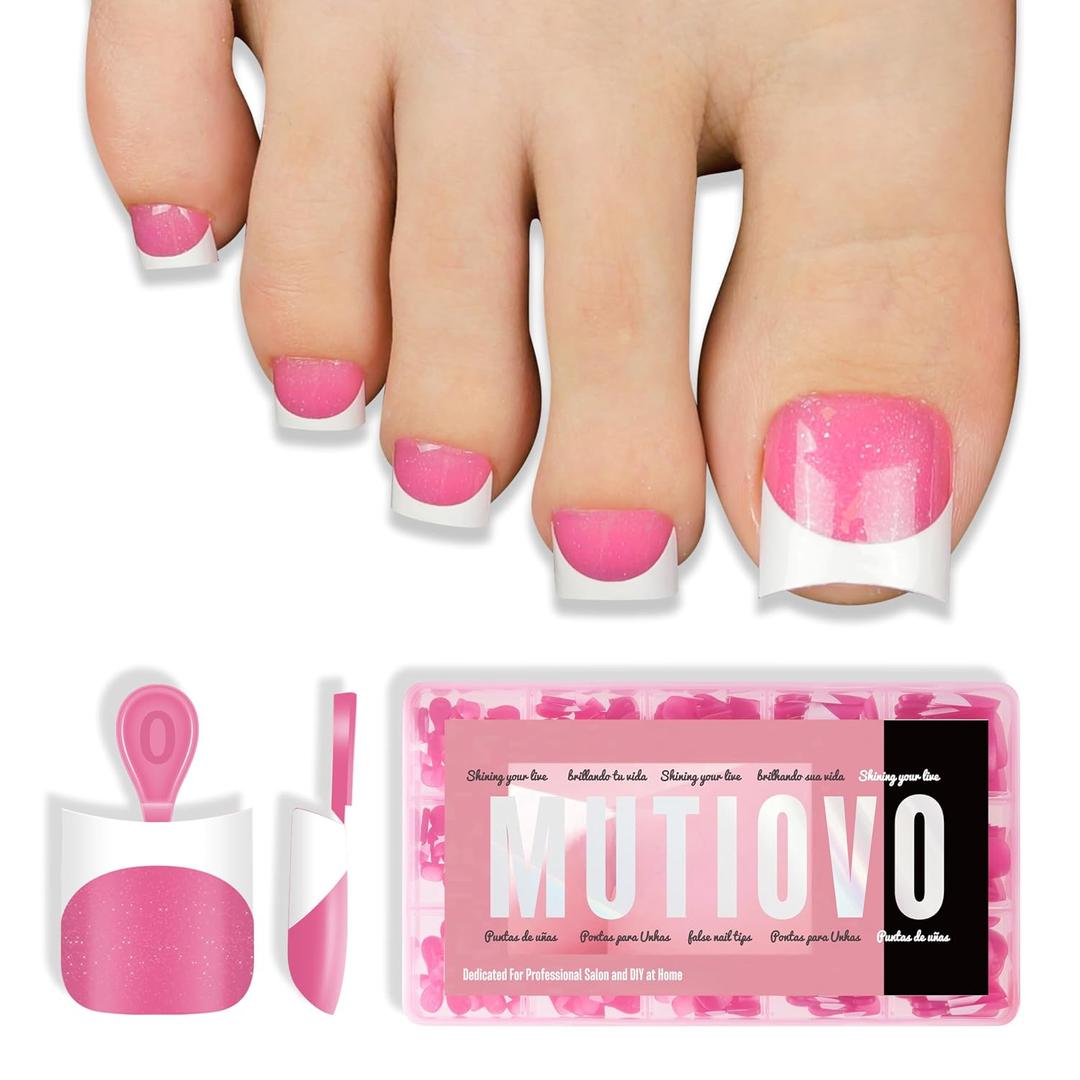 Short Toe Nail Tips White French Tip ROSE PINK Press on with Moon Curve,Soft Gel False Nail Kit,Thick Sharp Square Toenail Extension,Need Builder Gel Top Coat,No Glue Included x15 Sizes 240 pcs