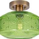 Semi Flush Mount Ceiling Light, Vintage Small Ceiling Light Fixture, Thickened Glass Hallway Light Fixture, Brass Kitchen Ceiling Mount Lamp with Green Glass for Entry Way, Bedroom, Bathroom, Porch