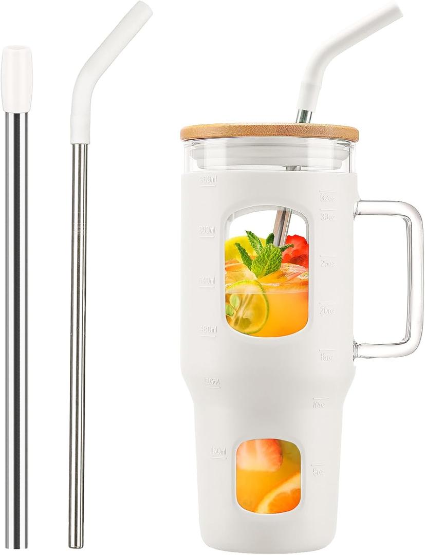 Glass Tumbler with Straw and Lid, 32 oz Glass Cup with Handle, Glass Water Bottles with Time Marker, Silicone Protective Sleeve - White
