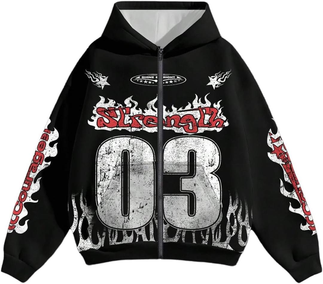 SOLY HUX Men's Y2k Number Graphic Zip Up Hoodie Sweatshirt Gothic Long Sleeve Hooded Casual Jacket Streetwear Black Letter X-Large