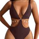 OYOANGLE Women's One Piece Swimsuit Ring Linked Cut Out Bathing Suit High Cut Swimwear (Medium, Coffee Brown)
