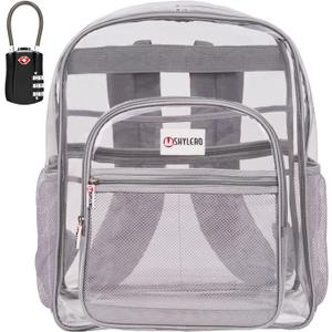 SHYLERO Clear Backpack Heavy Duty has TSA Lock, 2-WAY Zipper. PVC Transparent Backpack Is Extra Large - H18''xW14''xD8 - Light Gray