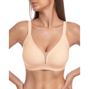 Deep V Wireless Push Up Jelly Bras for Women Seamless Sexy Mesh Supportive Lift No Underwire Luxe Soft Comfy Tshirt Bralette, Beige, X-Large
