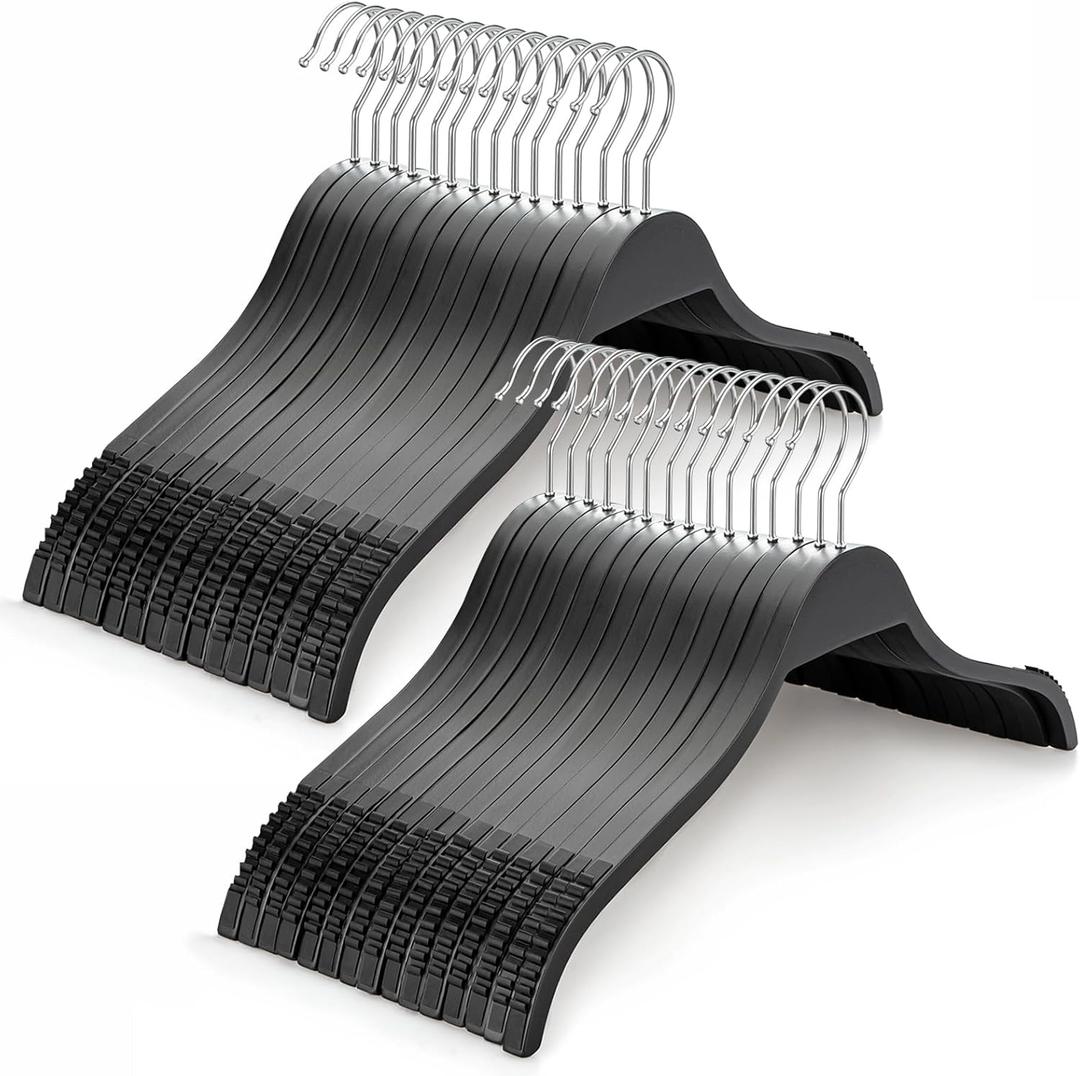 TOPIA HANGER Slim Wooden Hangers with Extra Soft Non-Slip Rubber Grips, 30-Pack High-Grade Fashion Hanger No Shoulder Bump for Sweater, Camisole, Jacket, Dress, Coat (Black)-CT15B30