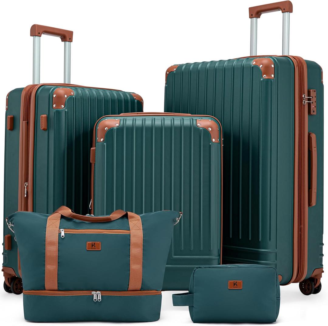 KUNEL Expandable 5 Piece Luggage Sets with Detachable Spinner Wheels and TSA Lock, Unisex Hardside ABS Suitcase Set, Hardshell Lightweight Waterproof Travel Hard Case Suitcases with Wheels, DarkGreen