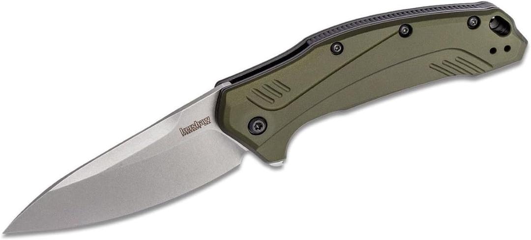 Kershaw Link Drop Point Knife Olive Aluminum (3.25" Stonewash 20CV) 1776OLSW