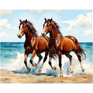 Animal Paint by Numbers Kit for Adults - DIY Brown Horses by Seaside Painting on Canvas, Acrylic Paint Set, Suitable for Beginners, Art for Home Decoration or Gifts(16X20IN Framed)
