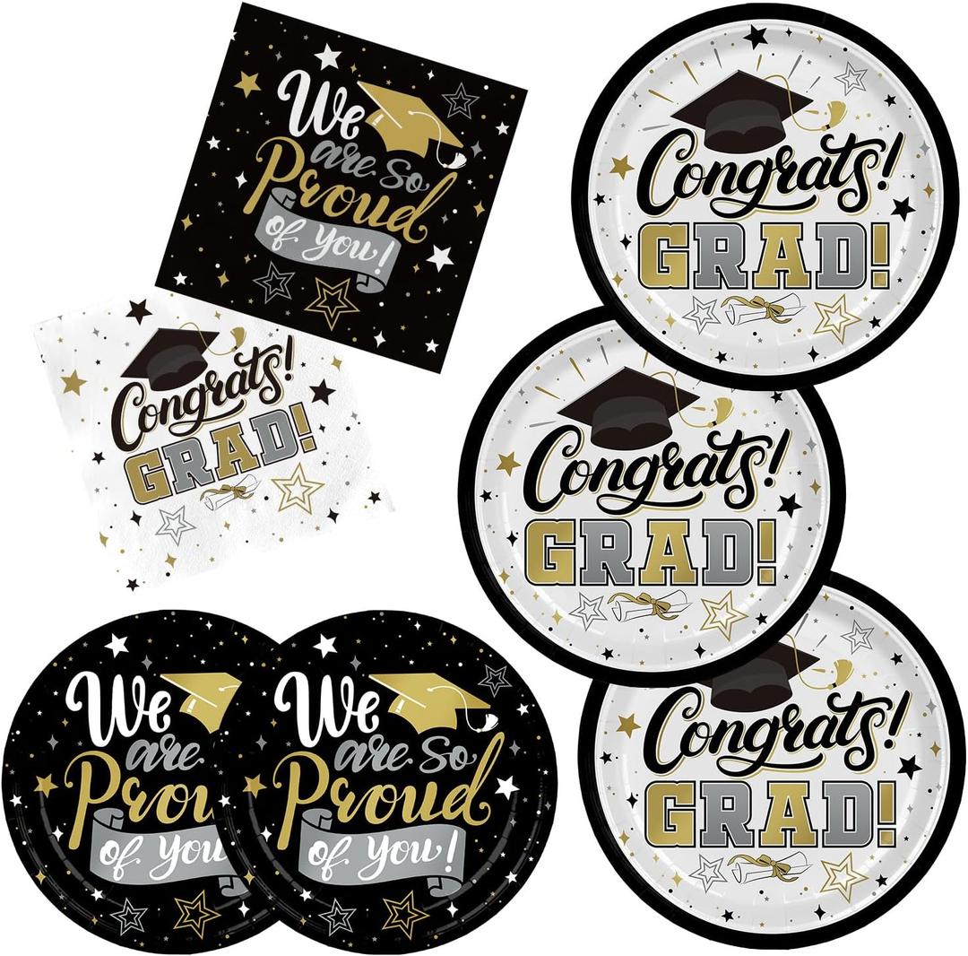 Graduation Decorations 2025 Black and Gold Grad Party Supplies with Disposable Dinner Plates, Dessert Plates and Napkins for 48 Guests - Graduation Party Decorations