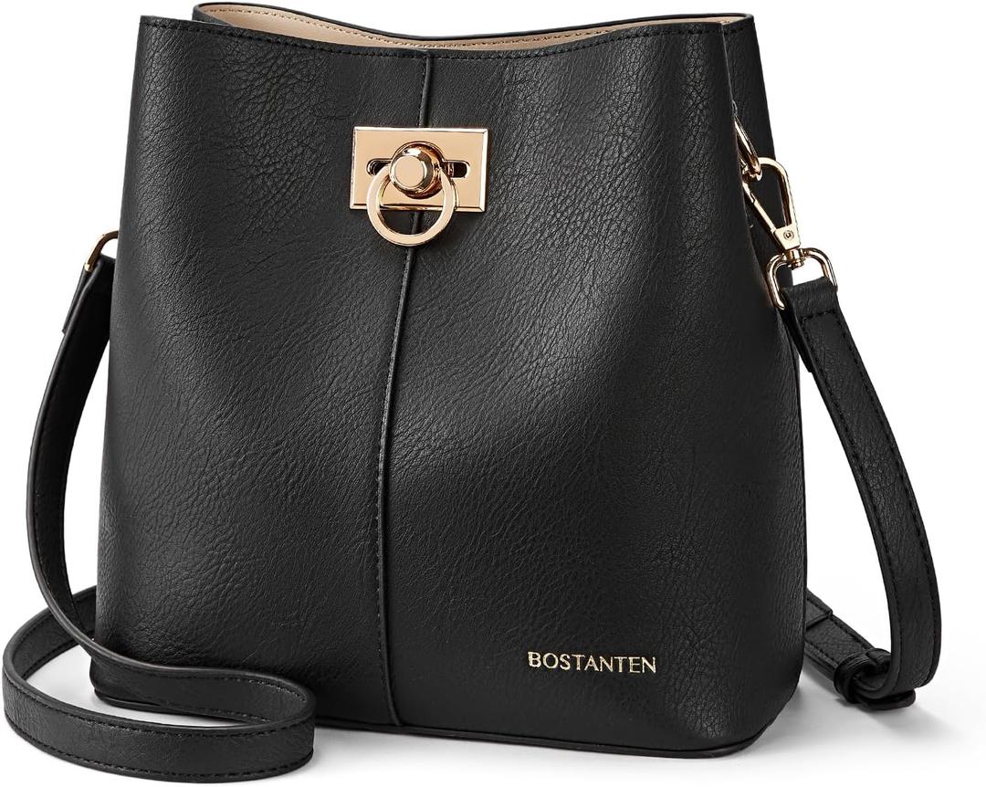 BOSTANTEN Crossbody Bucket Shoulder Bags for Women Vegan Leather Purse Cross Body Handbag Multiple Pockets (Black)