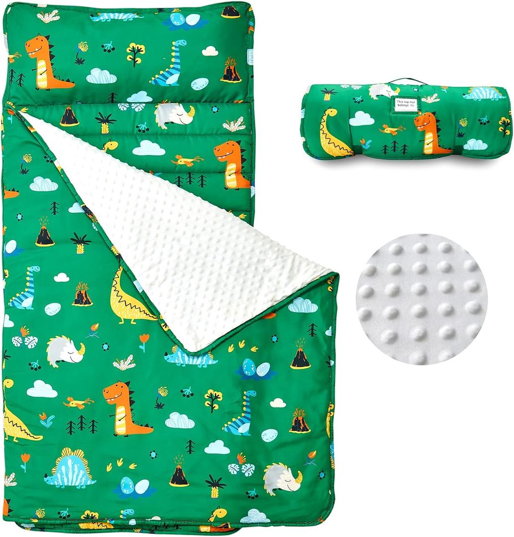 beeweed Toddler Nap Mat, Rollup Design Kid Sleeping Mat with Removable Pillow & Minky Blanket, Toddler Sleeping Bag for Daycare Preschool Travel Camping (Dinosaur)