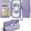 VANAVAGY Compatible for iPhone 16 Plus Wallet Case, PU Leather Flip Cover with RFID Blocking Card Holder Wrist Strap Kickstand for Wireless Charging, [Screen Protector & Camera Cover], Clove Purple