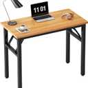 Need 31.5 Inch Folding Desk for Small Spaces, Home Office Computer Desk with Teak Wood Top & Black Frame, Foldable Writing Table for Study, Bedroom, Dorm Room & Student