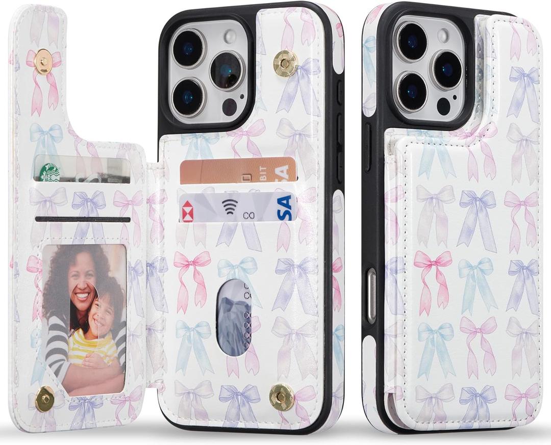 ZCDAYE for iPhone 16 Pro Max Wallet Case with Card Holders,PU Leather Double Magnetic Clasp Kickstand Trendy Girly Women Case for iPhone 16 Pro Max,Bow
