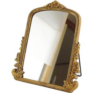 Small Vintage Vanity Makeup Desk Mirror Antique Traditional Chic Arch Table Mirror GoldDecor Wood Framed Small Standing Carved Arendahl Mirror for Living Room, Bedroom, Tabletop 11.8" x 9.6"