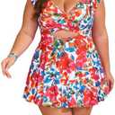 B2prity Women's Plus Size Swimsuit Tummy Control One Piece Swimdress Ruffle V Neck Cutout Wrap Bathing Suit with Skirt 18 W