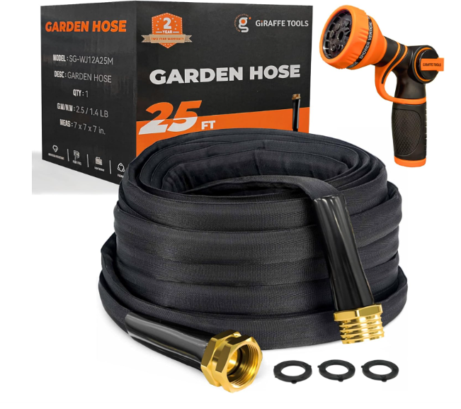 Giraffe Tools Garden Hose 25FT Lightweight Lay Flat Water Hose Kink Free Flexible Hose with 9 Spray Function Nozzle (Black）