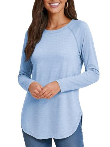ATHMILE Womens Long Sleeve Tops Casual Fall Fashion Bussiness Batwing T Shirt Round Neck Basic Loose Tunic Ice Blue M