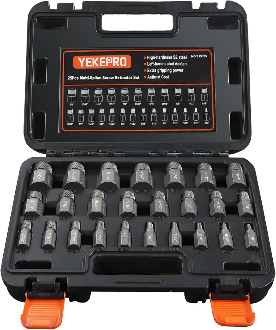 25Pcs Screw Extractor Set, Hex Head Multi-Spline Easy Out Bolt Extractor Set for Rounded Bolts, Screws, Studs, Chrome Molybdenum Alloy Steel Bolt Remover