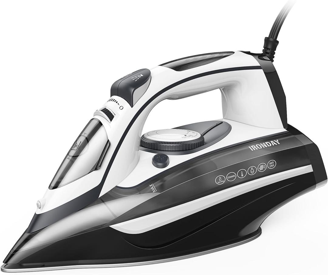 Steam Iron for Clothes Rapid Heating, 1700W Iron with Non-Stick Ceramic Soleplate, 3-Way Auto-Off, Burst of Steam, Self-Cleaning, 14.07oz Water Tank Ironing Clothes for Home, Grey