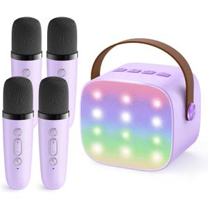 Upgraded Mini Karaoke Machine with 4 Wireless Microphones Toy for Kids, Christmas Birthday Gifts for Girls Boys, Portable MP3 Player for Ages 3, 4, 5, 6, 7, 8, 9, 10, 12+ Year Old Party (Purple)