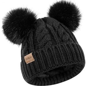Kids Winter Beanie Childrens Warm Knitted Fleece Lined Ski Pom-Pom Warm Knit Hat for Boys & Girls 3-9 Years (Black)