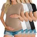 Oakgarden 4 Pack Women's Maternity Shirts Pregnancy Tunic Tops Raglan Short Sleeve Crew Neck Casual Mama Clothes (Medium, Khaki, White, Light Gray, Black)