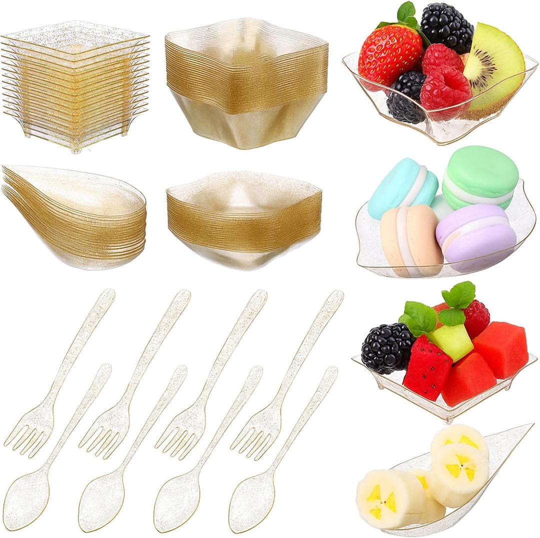 200 Pcs Mini Appetizer Plates Dessert Cups,6 Shapes with 50 Spoons 50 Forks 200 Plates Set for Party Birthday(Gold Glitter)